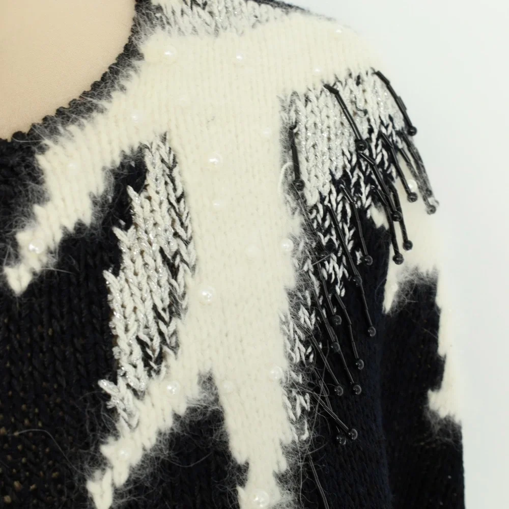 Vintage Magnolia Black White Angora Beaded Pearl Knit Sweater Womens Size Medium